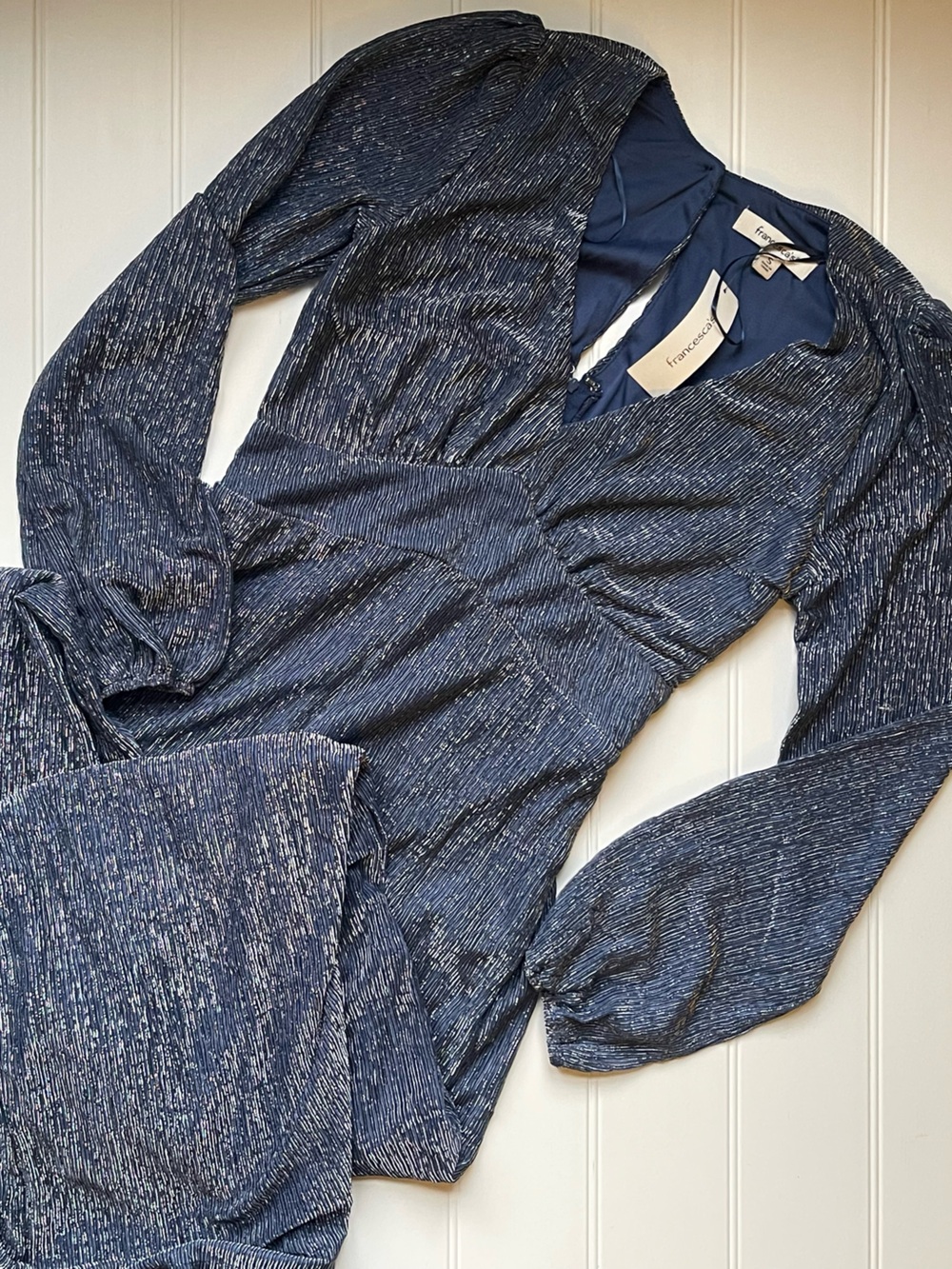 Francesca's Collections Sparkly Navy V-Neck Knit Jumpsuit
